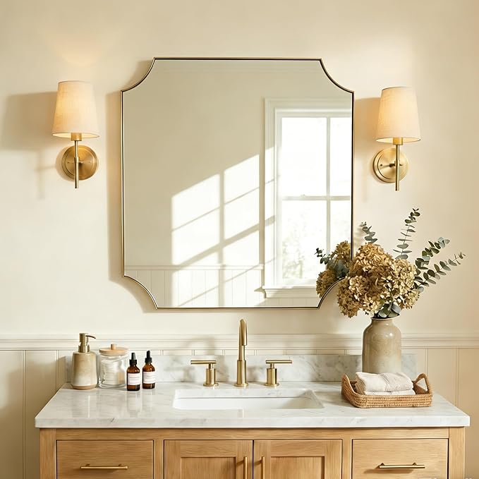 ANDY STAR 30"x30" Gold Vanity Mirror, Square Bathroom Mirror, Antique Brushed Brass Scalloped Mirror in Rust-Proof Stainless Steel Frame, Unique Scalloped Corner Design Ideal for Bathroom Remodel