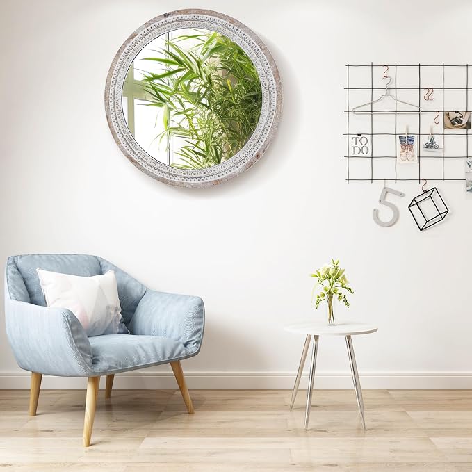24'' Round Wall Mounted Mirror, Wood Decorative Circle Mirrors, Boho Mirrors with Beaded Frame, Rustic Vanity Mirror, Distressed Mirror for Bathroom, Living Room, Bedroom, Entryway
