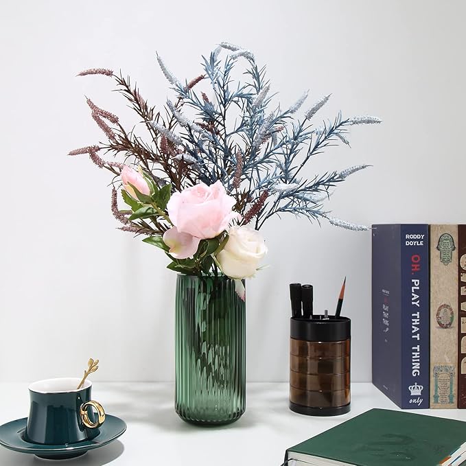 Small Cylinder Ribbed Green Glass Flower Vase for Farmhouse Dining Table Centerpieces Decor