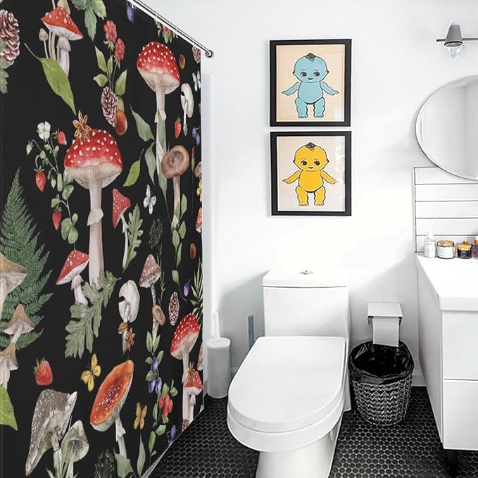 Mushroom Shower Curtain, Farmhouse Country Botanical Mushroom Plants Herbs Rustic Vintage Cottagecore Nature Black Waterproof Fabric Bathroom Shower Curtain Set with Hooks, 72"x78" Inch