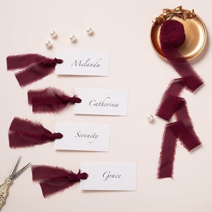 DORIS HOME Burgundy Chiffon Ribbon for Flower Bouquet, 1" x21Yd Fabric Ribbon for Gift Wrapping, Handmade Frayed Ribbon for Wedding Invitations/Christmas Decorations