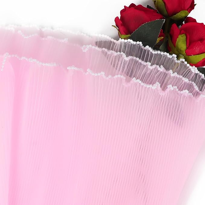 KIMOBER 4.3 Yards Pink Flower Wrapping Mesh Paper,Pearl Edge Wrinkled Wavy Net Yarn Flower Wrapping Mesh Paper for Valentine's Day Mother's Day Wedding Florist Supplies(Pink)