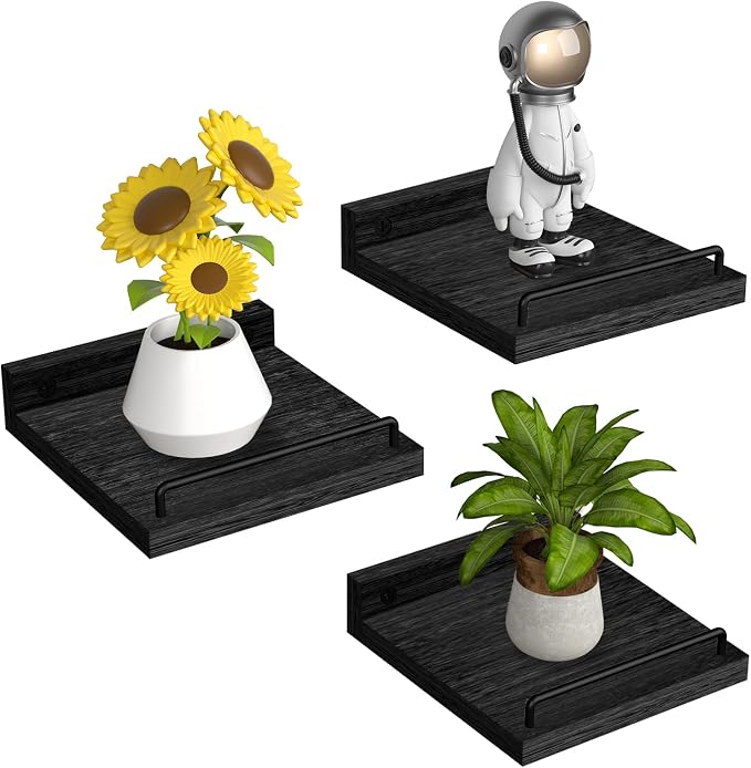 RYOFOBETTO Small Floating Shelf, 6 X 6 Inches Farmhouse Wall Shelves for Living Room, Bedroom, Picture Frames, Plants, Kitchen, Set of 3 (Black)