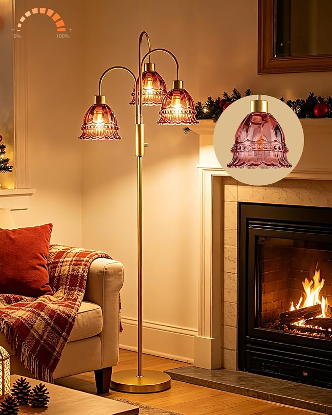 3-Light Glass Floor Lamp with Deep Red Ribbed Glass Shades, 70" Gold Dimmable Tall Standing Lamp with 3PCS 3000K Warm White Bulbs, Modern Tree Pole Lamp for Living Room Bedroom Home Office Corner