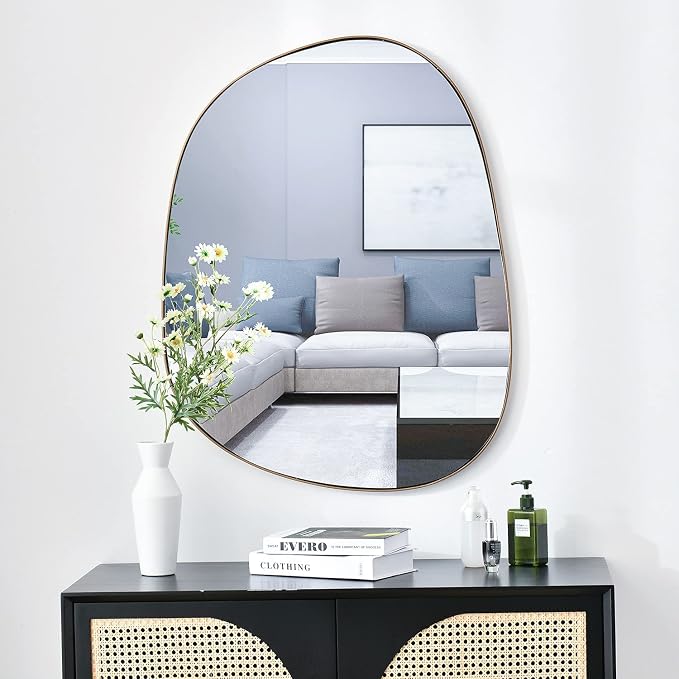ELEHUME Asymmetrical Mirror for Wall Decor 27"*35", Modern Brass Framed Wall Mirror for Living Room Bathroom Bedroom Entryway ELE-STOU-0063G