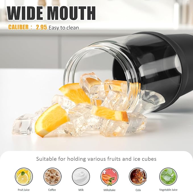 Glass Tumbler with Carry Handle, Clear Glass Water Bottle with Leakproof Lid, Spout Lid&Straw, BPA-Free, 32 oz, Black