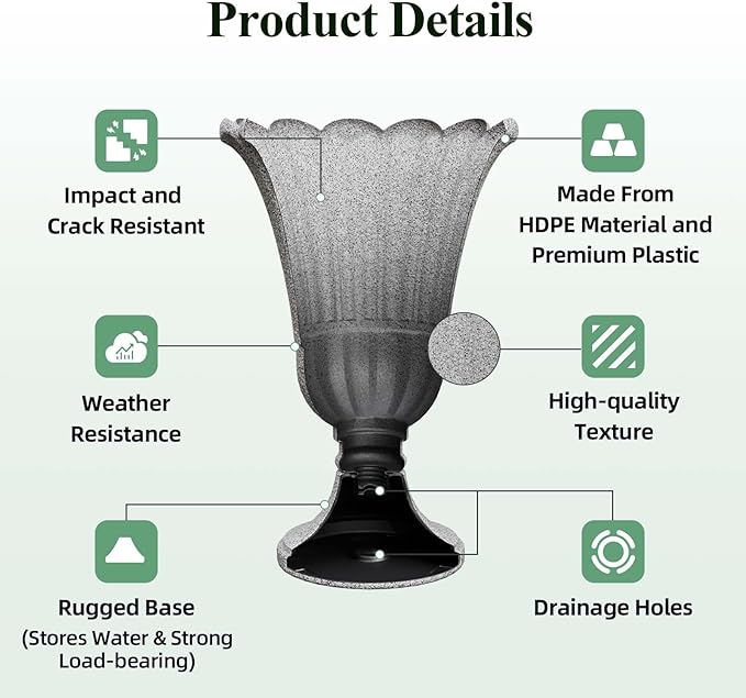 Tall Plastic Urn Planters for Outdoor Plants Set of 2-23.6" H Classic Petal Design Indoor Large Flower Pots with Drainage Holes, Outdoor Planters for Porch Decor/Garden Vase, Grey