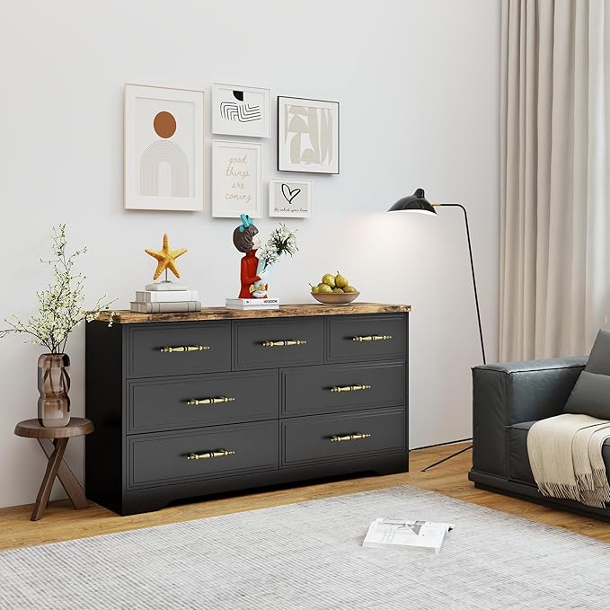SIDUCAL Black Dresser for Bedroom, 7 Drawer Dresser with Vintage Handles, 59" Wide Wooden Vintage Dressers, TV Stand, Modern Dressers & Chests of Drawers for Hallyway, Entryway