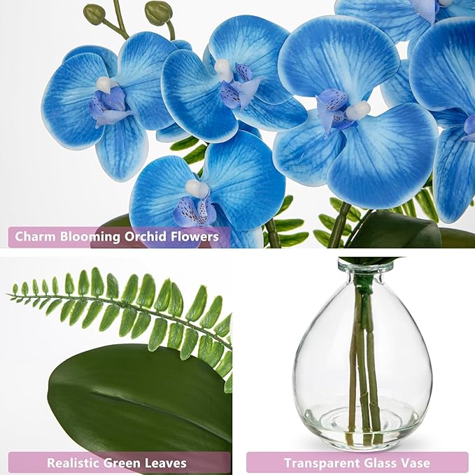 Oairse Blue Orchids Artificial Flowers, Faux Orchid in Glass Vase Real Touch Small Phalaenopsis Orchid Flowers Arrangements with Clear Vase Orchids Centerpiece for Dining Room Table