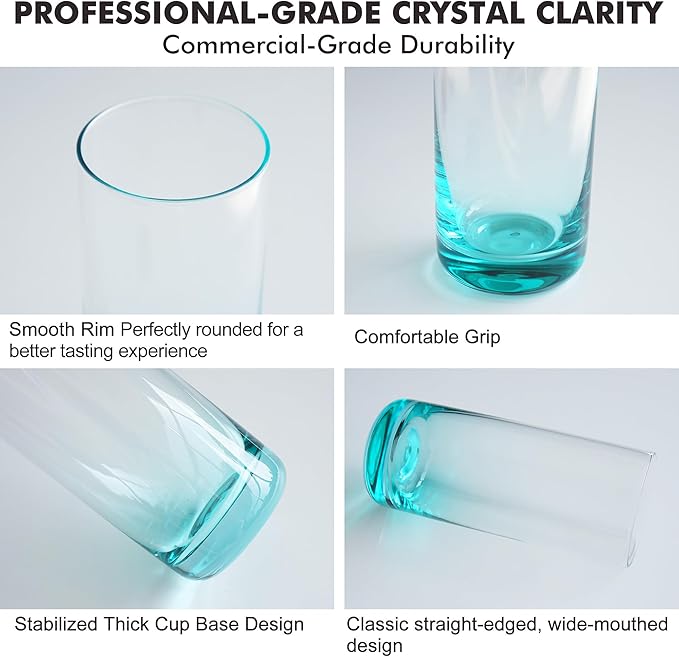 Colored Highball Glasses Set of 6,13oz Drinking Glass Cups for Mixed Drink Cocktail, Beer, Mojito, Water and Juice,Thick Tall Crystal Glassware for Kitchen, Restaurant, Home Bar and Parties