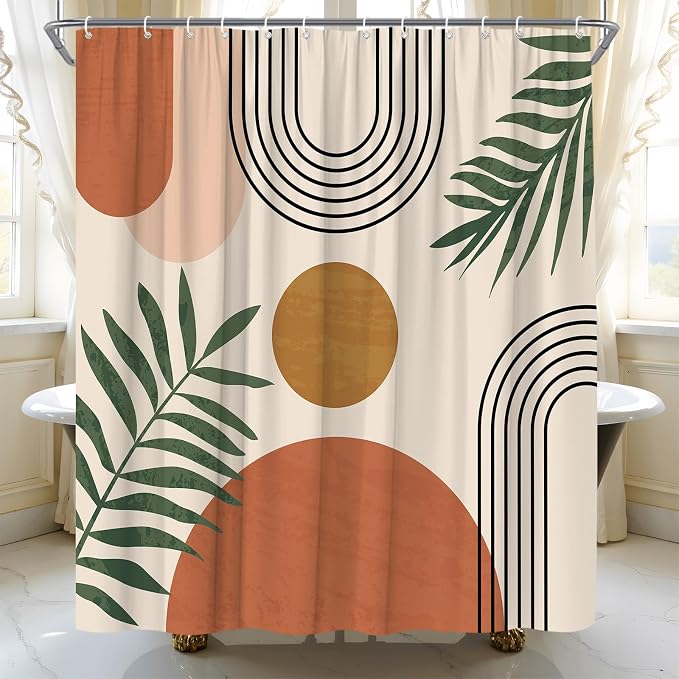 Mid Century Modern Shower Curtain Boho Beige Orange Abstract Retro Aesthetic Fabric for Bathroom Decor Bathtub with Hooks (70" WX70 H)