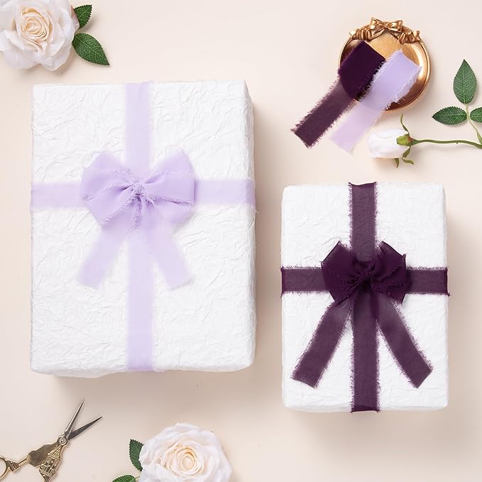 DORIS HOME Light Purple Chiffon Ribbon for Flower Bouquet, 1" x21Yd Fabric Ribbon for Gift Wrapping, Handmade Frayed Ribbon for Wedding Invitations/Christmas Decorations
