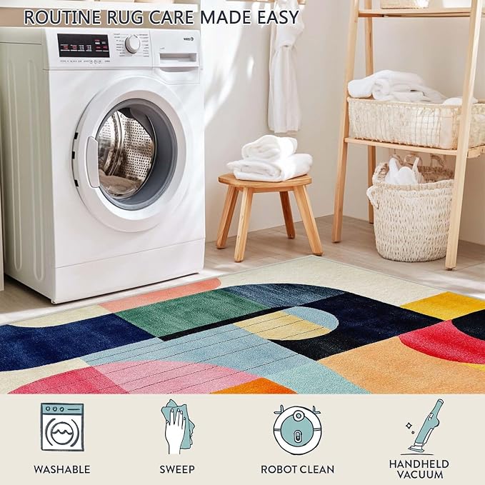 6x9 Colorful Area Rug Modern Abstract Orange Yellow Pink Blue White Beige Black Bedroom Rug Low Pile Thin Large Carpet Living Room Non Slip Dining Room Stain Resistant Office Washable Machine