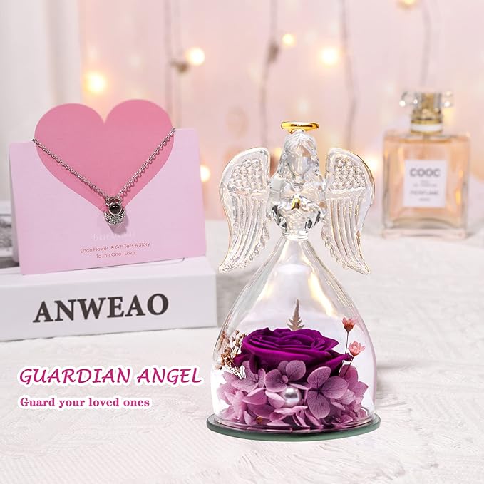 Christmas Women Gifts for Mom Birthday Gifts for Mom,Angel Birthday Gifts for Women Preserved Flower Rose in Glass Angel Figurines with Necklace, Purple Flower Gifts for Grandma Mother Sister Wife Her