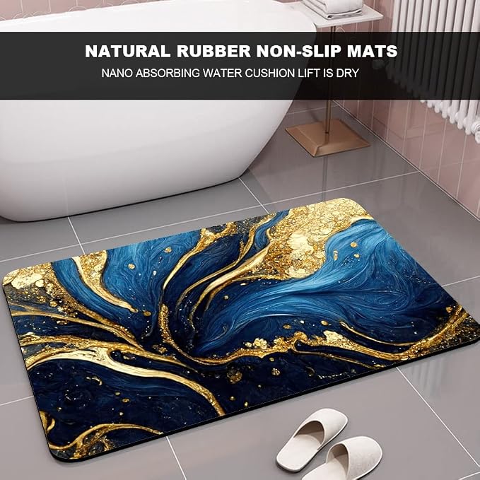 Diatomaceous Earth Bath Mat,Blue and Gold Marble Texture Non-Slip Volume Super Absorbent Fast Drying for Bathroom Kitchen Door mat,Eco-Friendly Easy to Clean 16×24Inch (40 * 60cm)