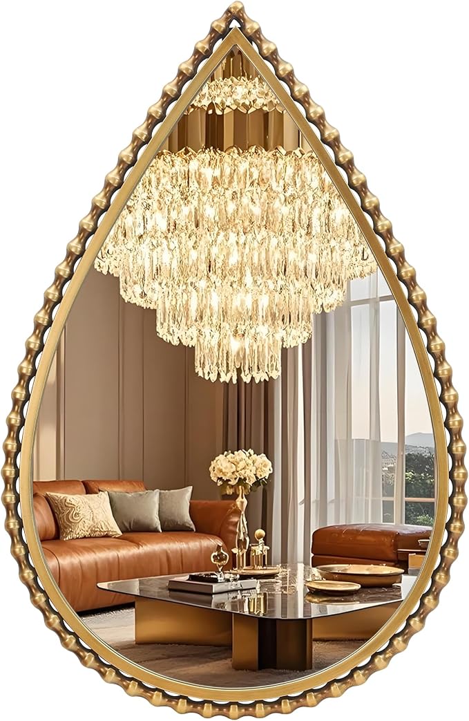 24x36 Inch Large Teardrop Wall Mirror with Bold Antique Gold Beaded Iron Metal Frame, Pointed Arch Vertical Vanity Mirror for Bathroom, Entryway, Bedroom, Living Room Wall Mounted