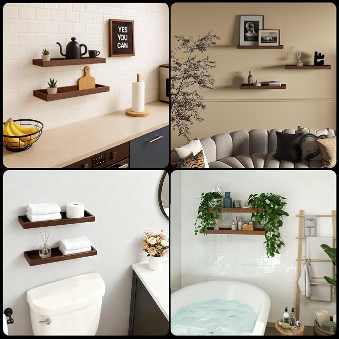 Floating Shelves for Wall, Wooden Wall Shelves for Bedroom Living Room Kitchen, Modern and Rustic Bathroom Shelves with Raised Lip, Decor Floating Shelf for Storage (Walnut-Like,2 Set,15.7 in)