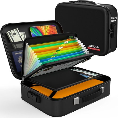 JUNDUN Fireproof Document Box - Portable Hard Case Organizer with Lock for Letter Size Files | Black