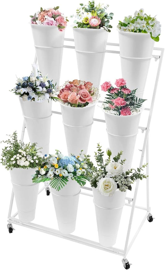 3 Tier Metal Plant Stand with 9 Buckets, Wheels, Heavy Duty Flower Cart for Indoor/Outdoor, Garden, Florist