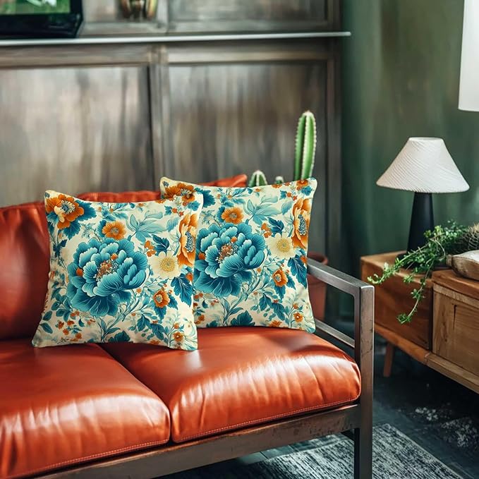 Turquoise Floral Throw Pillow Covers Set of 2 | Teal Vintage Flower Pillow Cases for Home Decor | Decorative Square Cushion Cases for Sofa and Chair | 18x18 Inches
