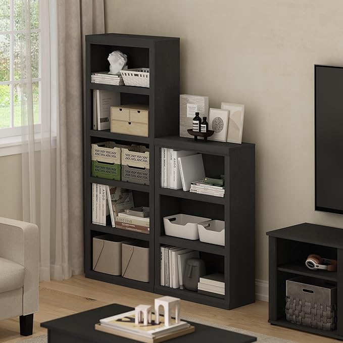 Furinno Rail Book Shelf, 3-Tier Bookshelf, Bookcase with Open Shelf, 10.1 x 24.6 x 39, for Living Room, Bedroom, Home Office, Blackwood