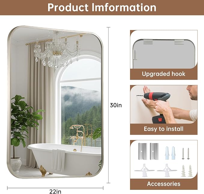 Brushed Nickel Mirror, 22"x30" Rectangle Bathroom Mirror, Metal Frame Rectangle Corner Vanity Mirror, Wall Mounted Mirror for Modern, Living Room, Bedroom, Horizontal Or Vertical