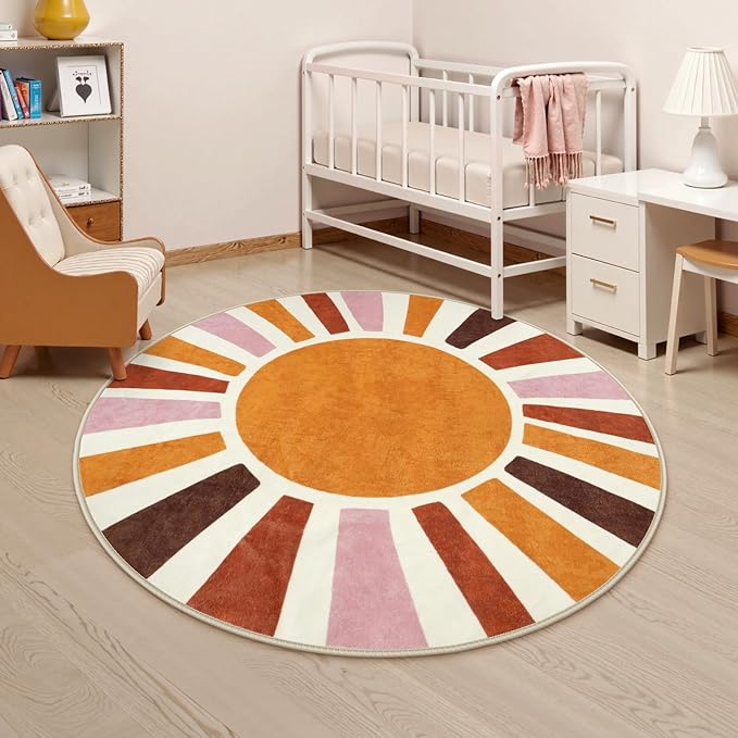 LIVEBOX Round Washable Rug 5.2ft Sun Circular Nursery Rug Girl for Kids Room, Soft Colorful Circle Rugs Cute for Girls Room, Non-Slip Cozy Retro Rainbow Round Rug for Classroom Play Room