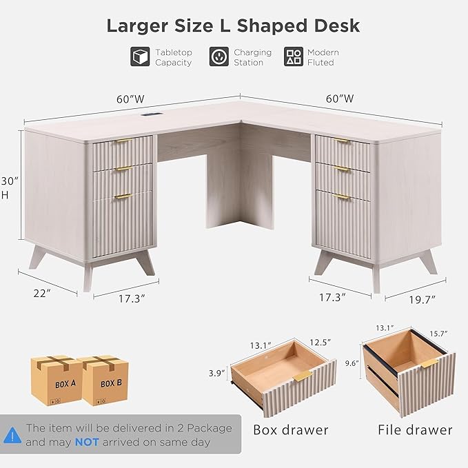 T4TREAM 60" Fluted Executive L Shaped Desk, Modern Home Office Desk with Charging Station and File Drawer, Computer Corner Desks with Drawers & Storage Cabinet for Office Home, Bedroom, Alder White