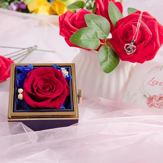 Forever Rose Gifts for Her,Preserved Real Red Flowers Rotating Box with I Love You Necklace 100 Languages,Mothers Day Eternal Rose Rotating Jewelry Box Gifts for Women Mom Wife Girlfriend