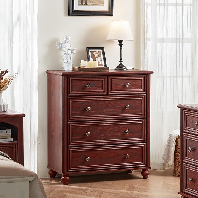 Farmhouse 5 Drawer Dresser Set of 2, Chest of Drawers for Bedroom, 35.5" Tall Dresser with Roman Column, Rustic Wood Storage Dressers Organizer for Living Room, Hallway, Closet(Red Oak)