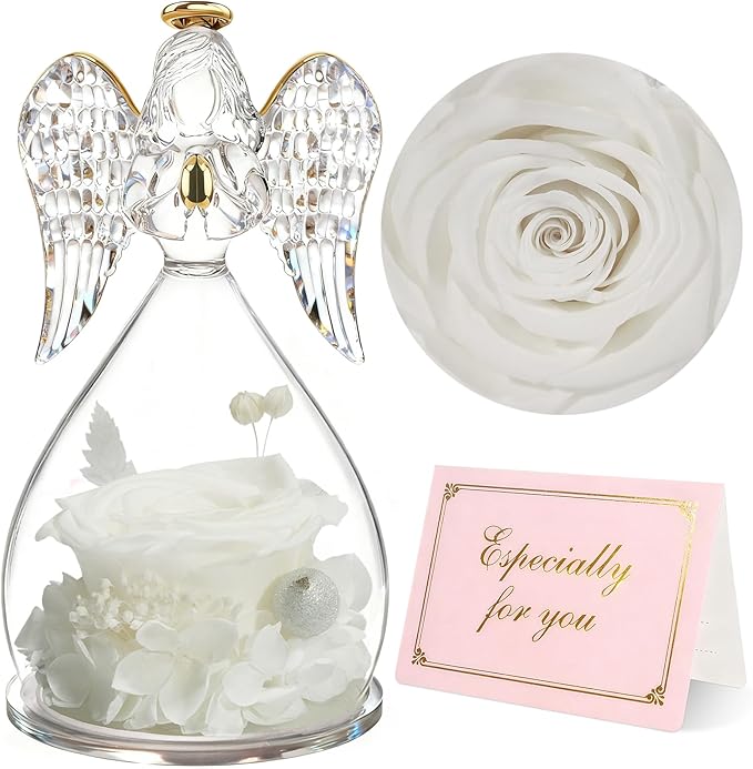 Yamonic Birthday Gifts for Women, Angel Figurines with Real Rose Gifts for Her Mom Grandma,Preserved Flowers Rose Angel Figurines for Mothers Day Christmas Anniversary Birthday Gifts for Her (White)