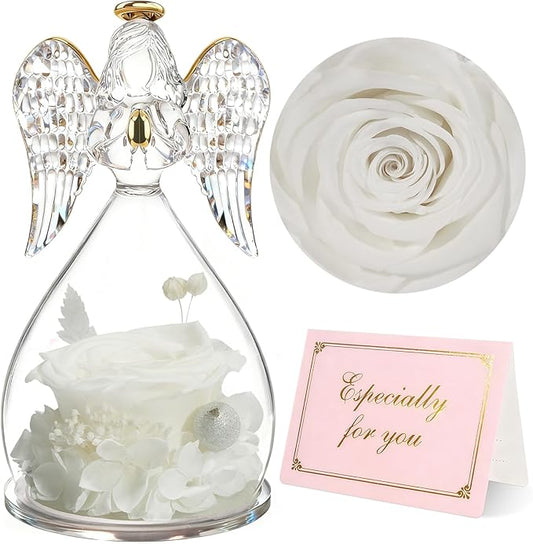 Yamonic Birthday Gifts for Women, Angel Figurines with Real Rose Gifts for Her Mom Grandma,Preserved Flowers Rose Angel Figurines for Mothers Day Christmas Anniversary Birthday Gifts for Her (White)