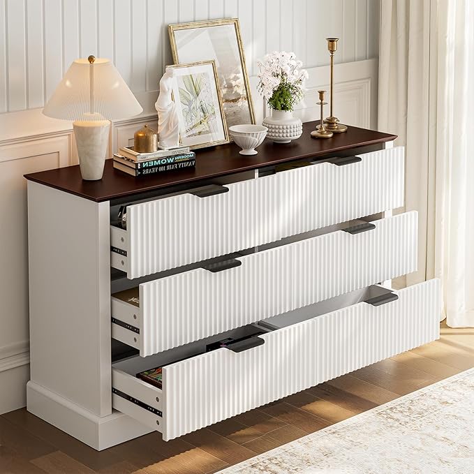 Dresser for Bedroom with 6 Fluted Drawers, 51.9" Wide Chest of Drawers with Mid-Century Design, Wood Dresser for Closet with Metal Handle, White & Walnut