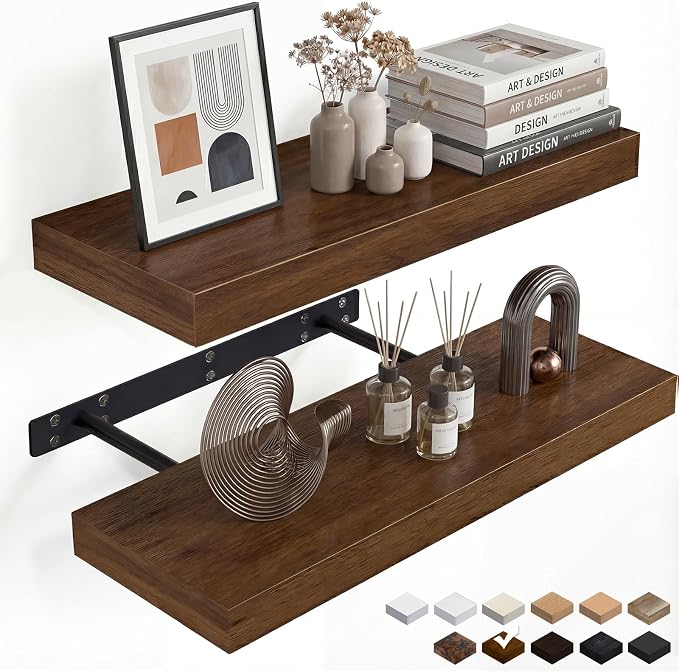 Walnut Floating Shelves for Wall, 24 in Wall Mounted Shelves Perfect for Bedroom, Bathroom, Living Room and Kitchen Decoration Storage（Set of 2）