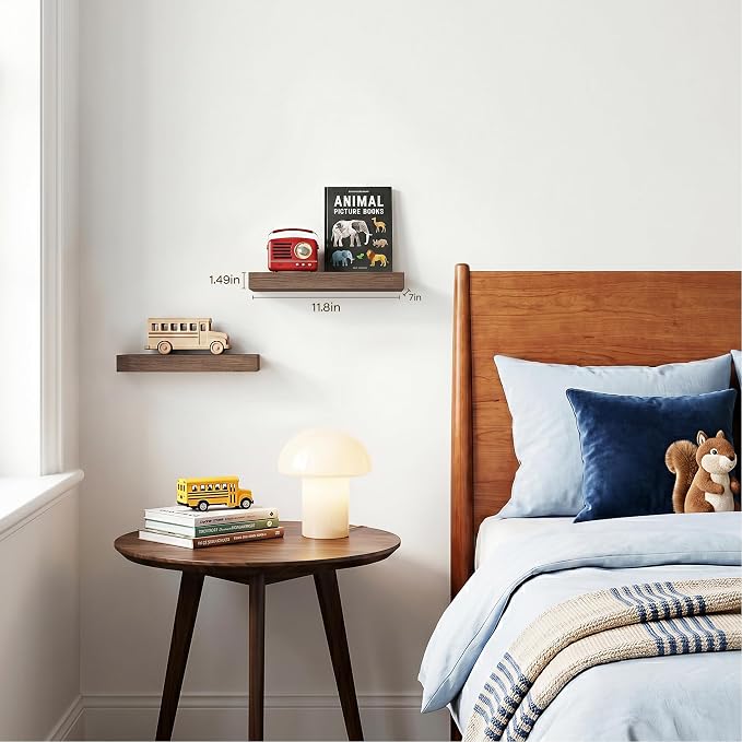 Smoke Gray Floating Shelves for Wall Set of 2, 11.8 Inch Small Wall Shelves for Bathroom Over Toilet, Hallway & Bedroom Storage, Wall Mounted Shelves for Decor, Candles & Small Plants