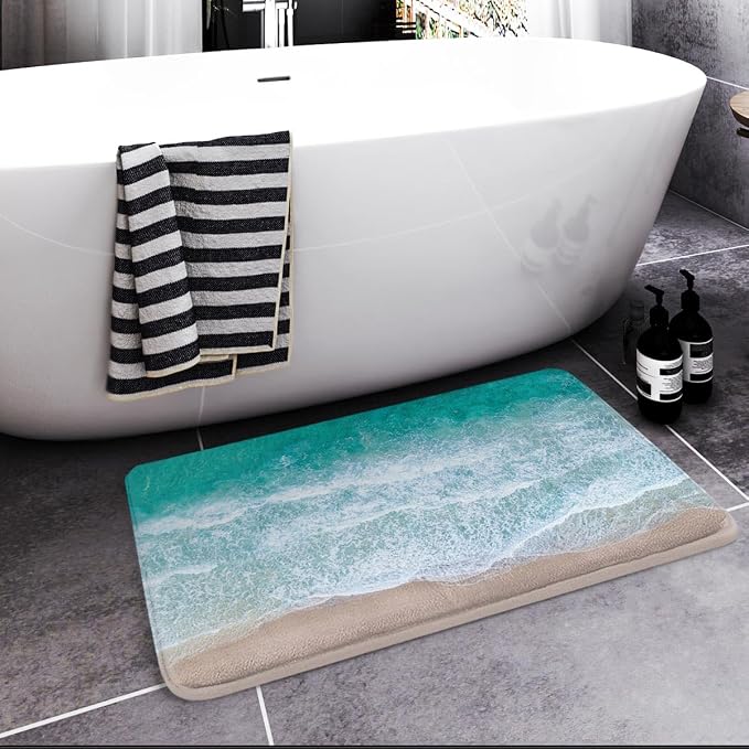 Britimes Bath Mat for Bathroom No Slip Blue Beach Sand Waves Washable Cover Floor Rug Carpets Floor Mat Bathroom Decorations 16x24 inches for Kitchen Bedroom Indoor