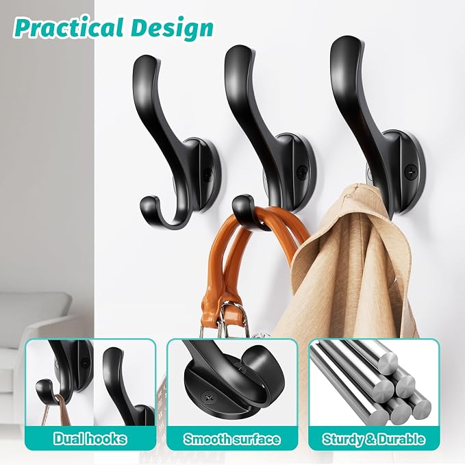 Coat Hooks Heavy Duty - Easy to Install Metal Towel Hooks Screw-in Wall Hooks for Hanging Hat, Towel, Key, Robe, Scarf, Bag, Cap (10 PCS Black)