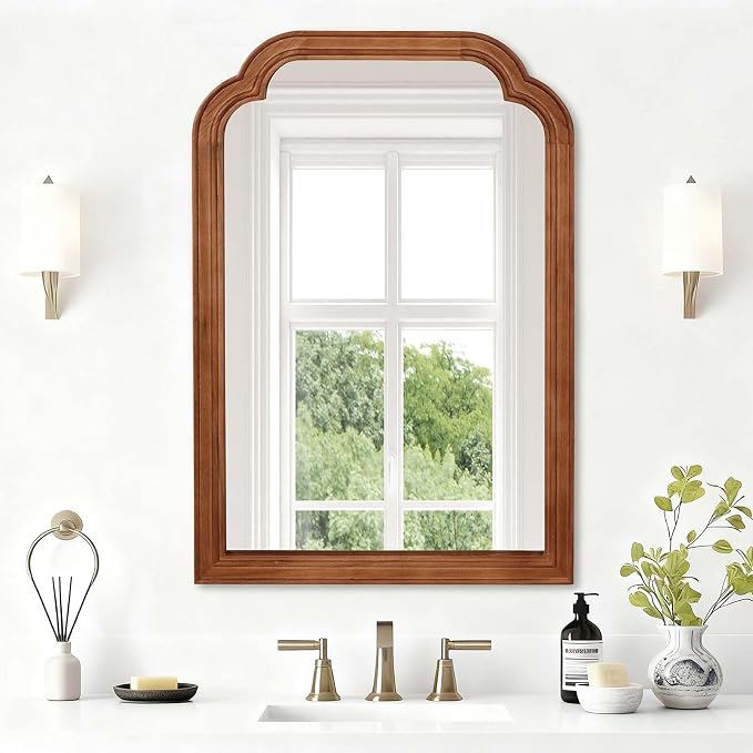 20x30 Inch Asymmetrical Wall Mirror Wood,Rustic Irregular Shaped Vanity Mirror for Bathroom,Bedroom, Living Room, Entryway, Fireplace,Wall Decor,Solid Wooden Frame (Yellowish-Brown, 20" x 30")