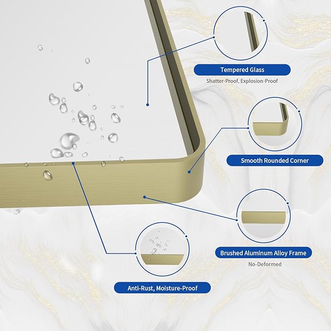 WEER Gold Bathroom Mirror, 48X36 Inch Brushed Gold Metal Frame Mirror, Rounded Rectangle Gold Bathroom Vanity Mirror for Wall, Tempered Glass, Anti-Rust, Hangs Horizontally or Vertically