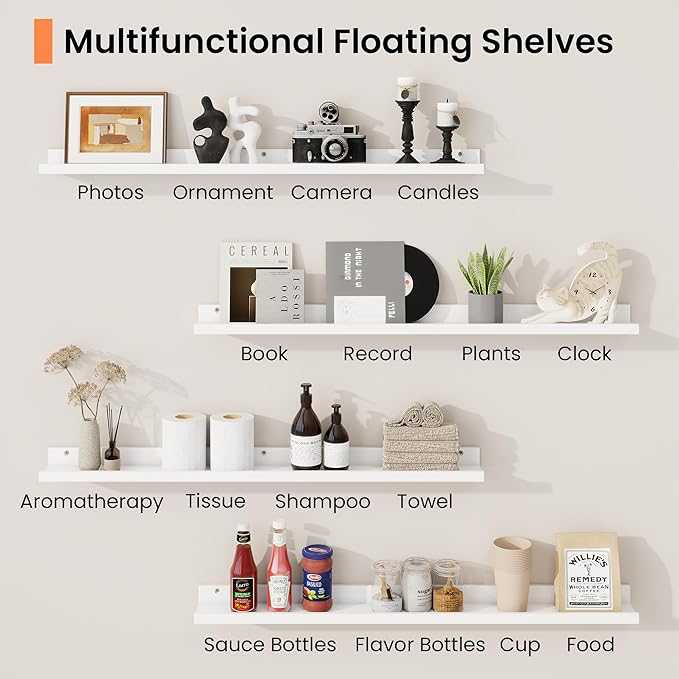 RICHFOCUS Picture Ledge Shelf, 16 inch Floating Shelves Set of 2, Wood Wall Shelves with Lip, Wall Decor Storage for Bedroom Living Room Bathroom Kitchen Nursery Photo Picture, White