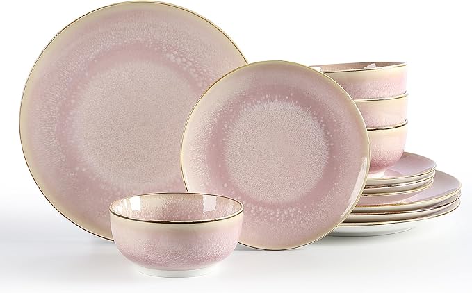 Sweejar Dinnerware Sets Service for 4, 12 pcs Porcelain Plates and Bowls for Kitchen, Housewaring Gift, Chip and Scratch Resistant Dish Set, Handmade Dishwasher and Microwave Safe Plate Set, Pink