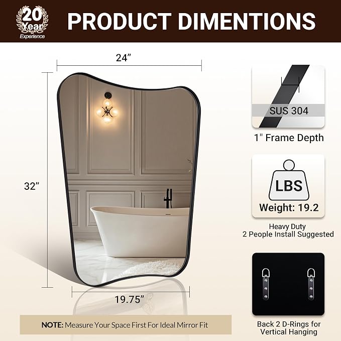 ANDY STAR 24"x32" Matte Black Mirror, Bathroom Mirror for Over Sink, Modern Irregular Shaped Mirror in Rust-Proof Stainless Steel 1” Frame, Decorative for Bathroom, Bedroom or Entryway