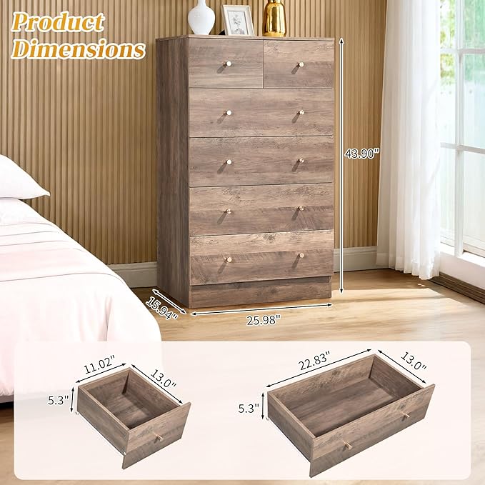 Karl home Grey 6 Drawer Dresser for Bedroom, Modern Wood Dresser Chest of Drawers, Bedroom Modern Nightstand, Anti-Tipping Device, Rose Gold Metal Handle, Living Room, Hallway, Office