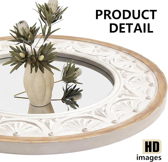 H HOMEWINS Rustic Round Mirror, 24" Wooden Circle Farmhouse Wall-Mounted Nature Beads Decor Mirror for Bedroom, Bathroom, Living Room,Vanity