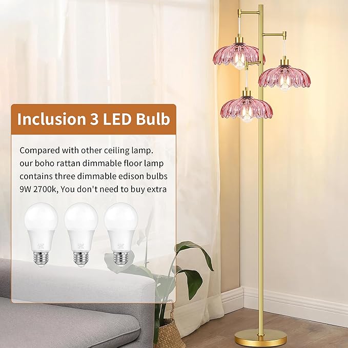 QIYIZM Pink Floor Lamp for Living Room,Bedroom,Gold Mid Century Modern Standing Lamp Brass Tree 3 Light Tall Floor Lamps Vintage Retro Floor Lights Glass Flower Lamp Shade Farmhouse Boho Bohemian