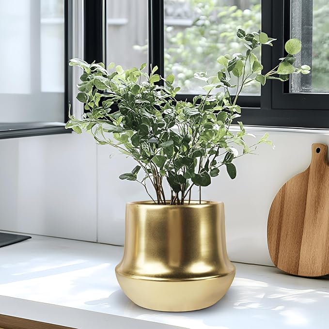 Brass Gold Plant Pot Indoor Planter Small Flower Pot 6 inch Ceramic Plant Flower Pot Container Decorative Gold Pots for All House Plants ,Succulents,Flowers and Cactus, Small 5.9‘’