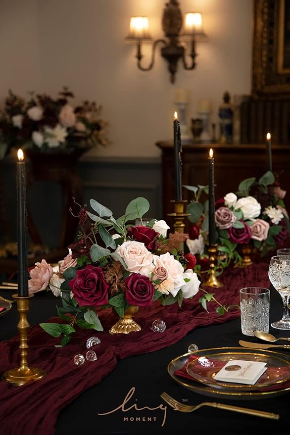 Ling's moment Wedding Centerpiece Flower with Vase for Ceremony/Reception Tabletop Mantel Archway Aisle, Set of 2 | Romantic Marsala