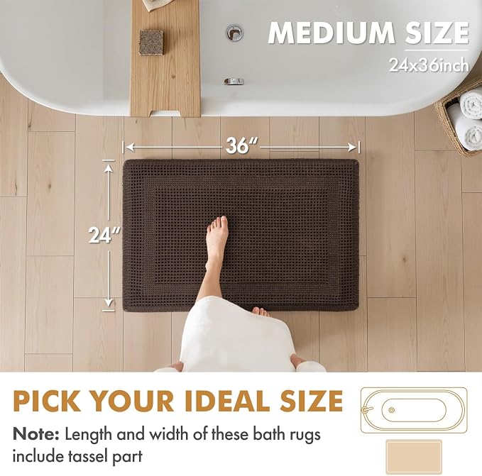 MIULEE Set of 2 Waffle Bathroom Rugs, Boho Bath Rug Super Absorbent, Non Slip Washable Ultra Soft Rubber Backed Shower Bath Mats for Floor, Tub, Shower, Looped Design, Chocolate, 24x36 Inch