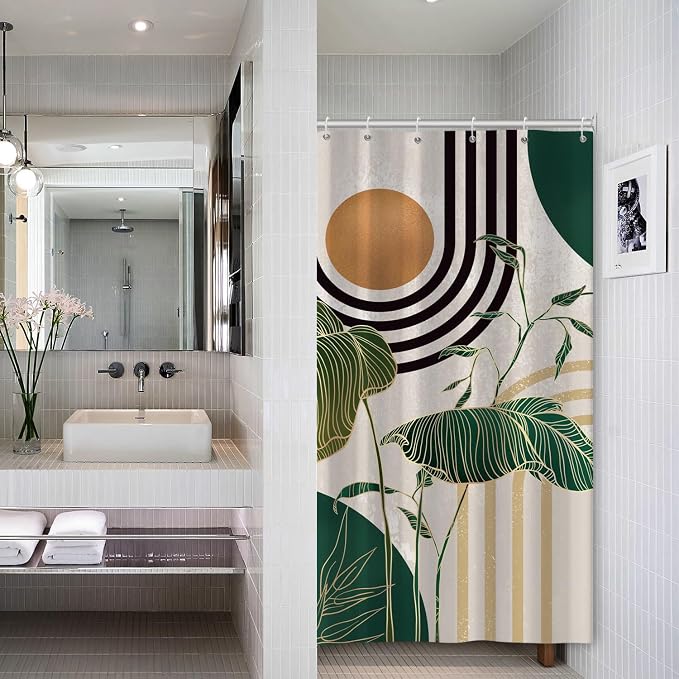 Boho Green Geometric Shower Curtain Bohemian Abstract Mid Century Tropical Bathroom Curtain Minimalist Modern Palm Leaf Shower Curtain Sets for Bathroom Extra Long 54x72 in with 10 Hooks