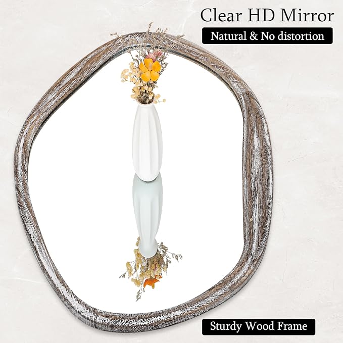 JJUUYOU Large Asymmetrical Mirrors Irregular Bathroom Wall Mirror 26"x18" Wooden Frame Modern Decorative Mirror for Makeup Bathroom Living Room,Brown